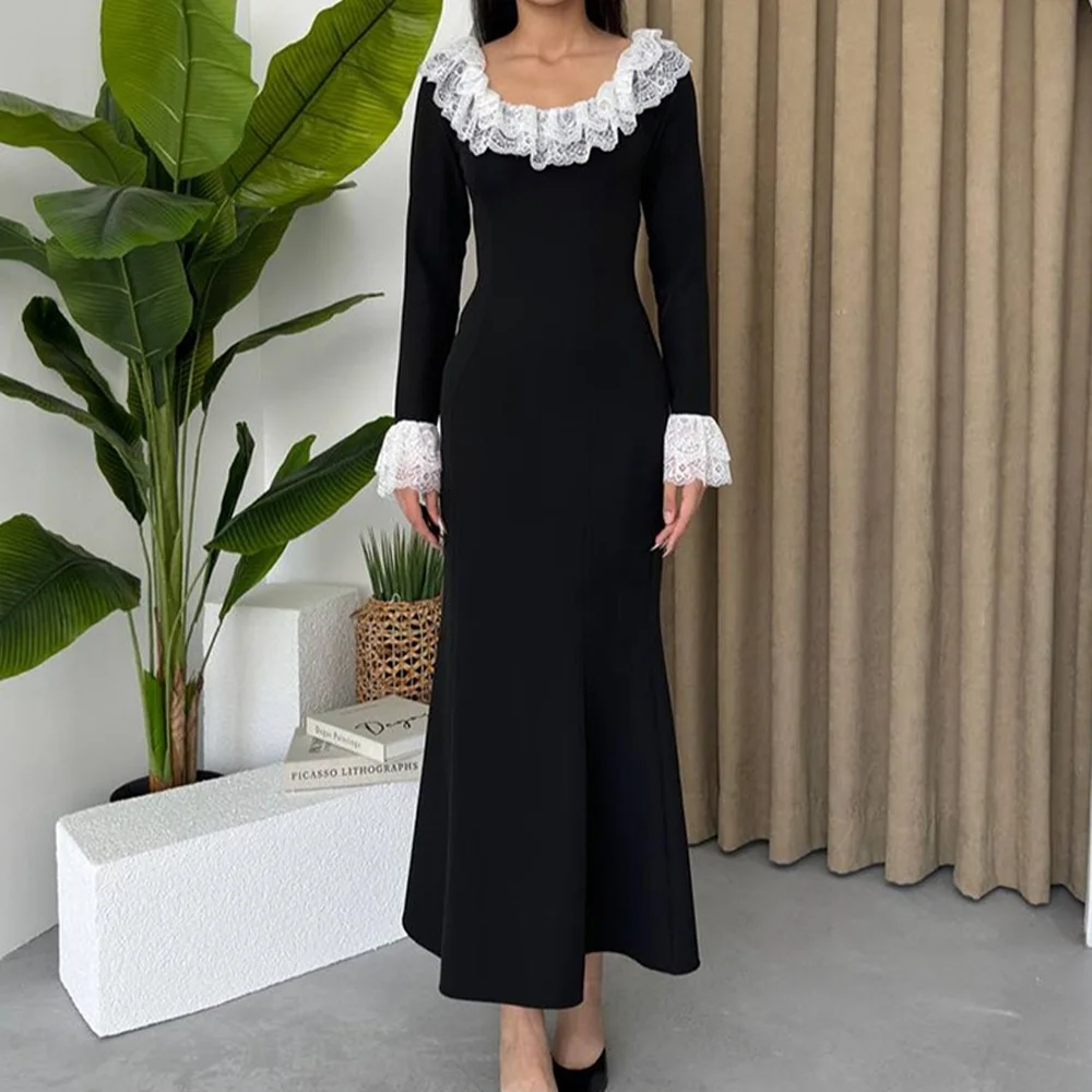 

Customized Elegant Mermaid Black Jersey Scoop Evening Dress with Lace Classic Long Sleeves Ankle Length Saudi Arabia Prom Gowns