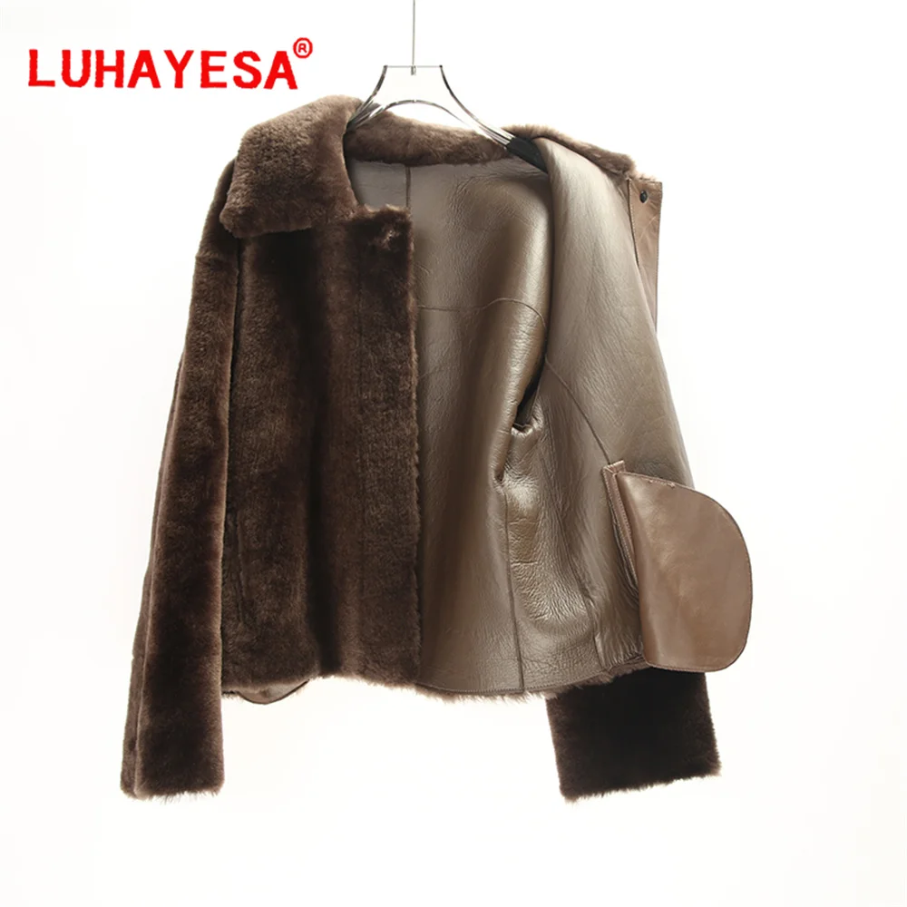 2024 Women Brown Loman Lamb Fur Shearling Coat Luhayesa Winter Warm 100% Genuine Leather Fur Jacket