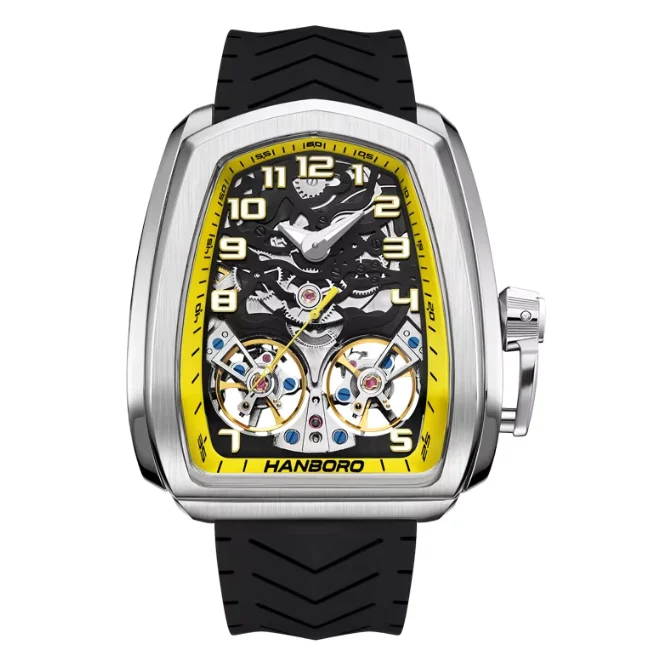 

Мужские автоматические часы HANBORO, модные, 44 мм, механические наручные часы, светящиеся, водонепроницаемые до 50 м, с циферблатом-скелетоном и двойным маховиком