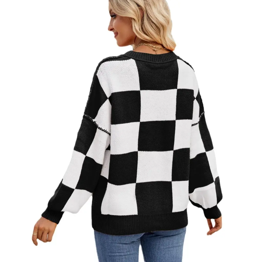 

Women's Casual Plaid Color-block Sweater Long-Sleeved Crewneck Pullover Top Loose Fit Autumn Fashion European American Style