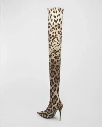 Sexy Women Leopard Snakeskin Pointed Toe Over The Knee Boots Female Stiletto Heels Slim Thigh Long Socks Boots Shoes Lady