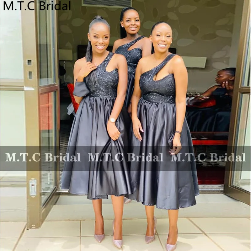 Black Short Bridesmaid Dresses For African Girls One Shoulder A Line Tea Length Satin Lace Wholesale Maids Of Honor Gowns