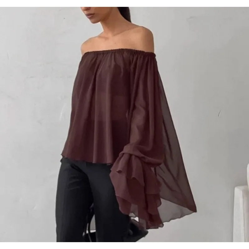 

2025 Fall/Winter New High-end Sensual Dark Brown One-Shoulder Ruffled Top Women's Thin Long-Sleeved Chiffon Shirt