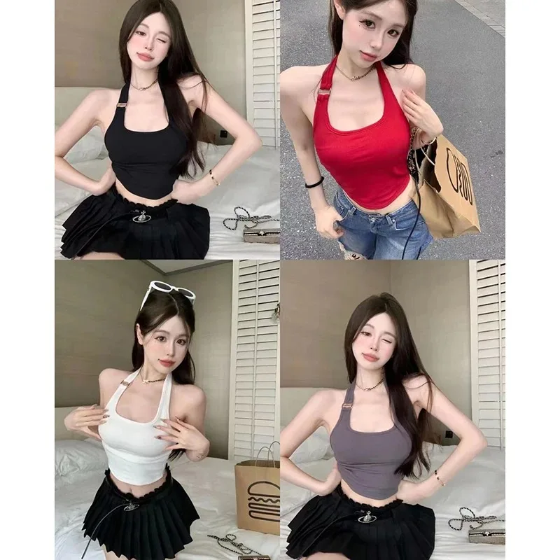Spicy Girl Red Camisole Tank Top Sexy Neck Hanging Backless Sleeveless Exposed Navel Short Style Chest Cushion Design
