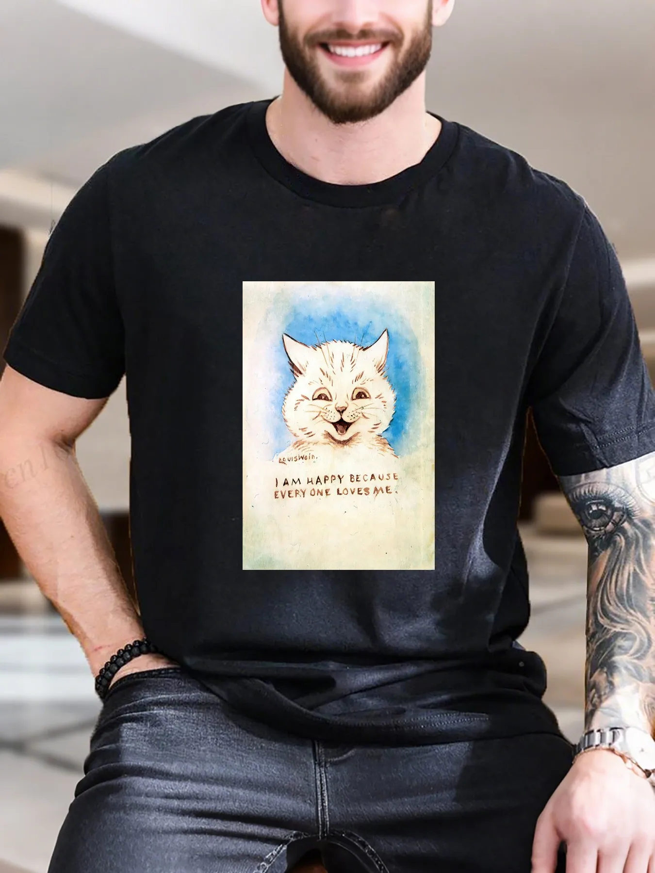 

New Arrival Fashion Men's Cat Print Cotton T-Shirt Breathable Comfortable Casual Tee with Inspirational Quote Trendy Graphic Design