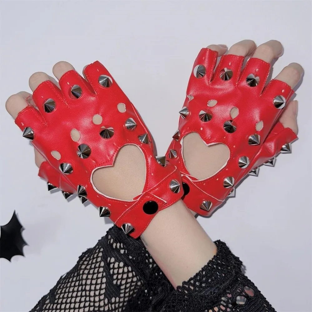 Personality Fingerless Rivet Gloves Leopard Print Hip-Pop Half-palm Gloves Punk Y2K Patent Leather Gloves Hip-Hop