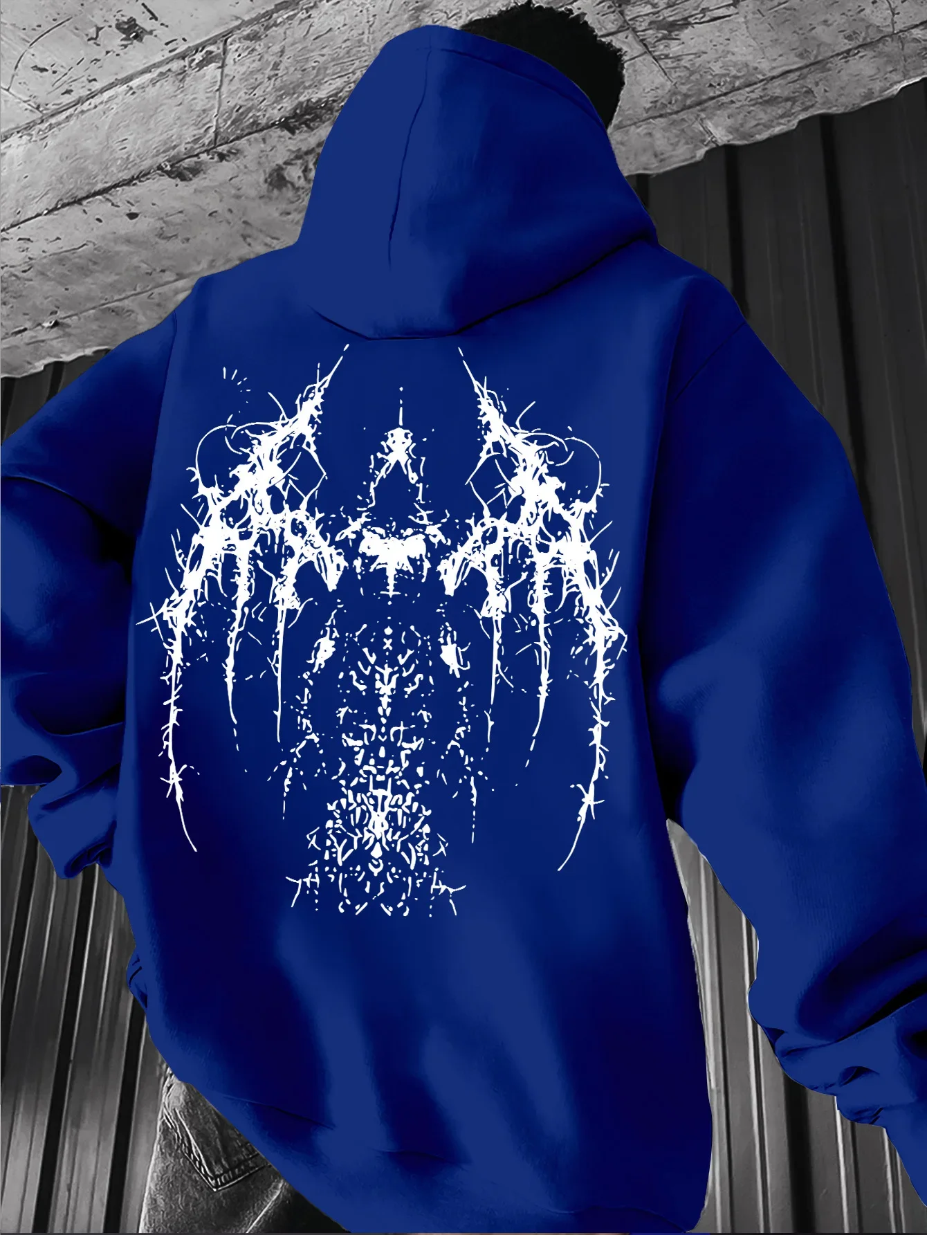 Men Y2K Gothic Street Hoodie,Extreme Metal Thorn Dark Wing Back Print,Autumn Winter Fleece Lined Loose Oversized Pullover