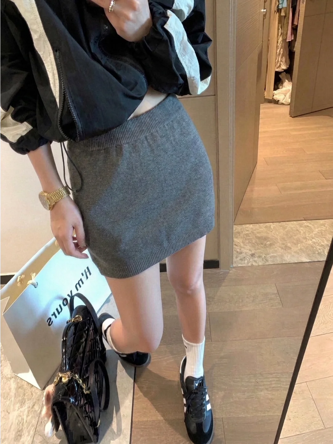 Gray High Waist Knitted  Skirt Women's Fashion Spring Autumn Elastic Waist A-Line Skirt Comfortable Soft City Commute