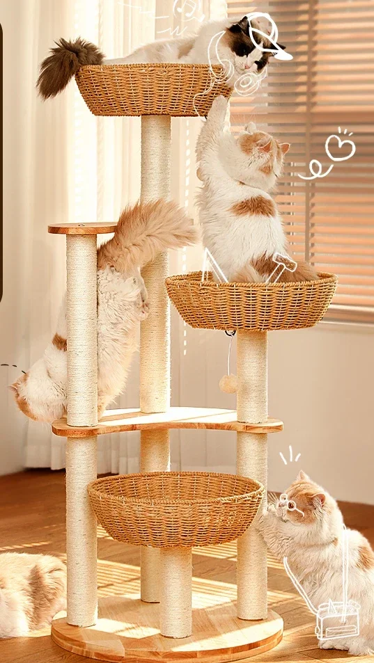 

High quality solid wood cat frame, rattan nest tree integrated toy scratching board, large climbing column frame, tree
