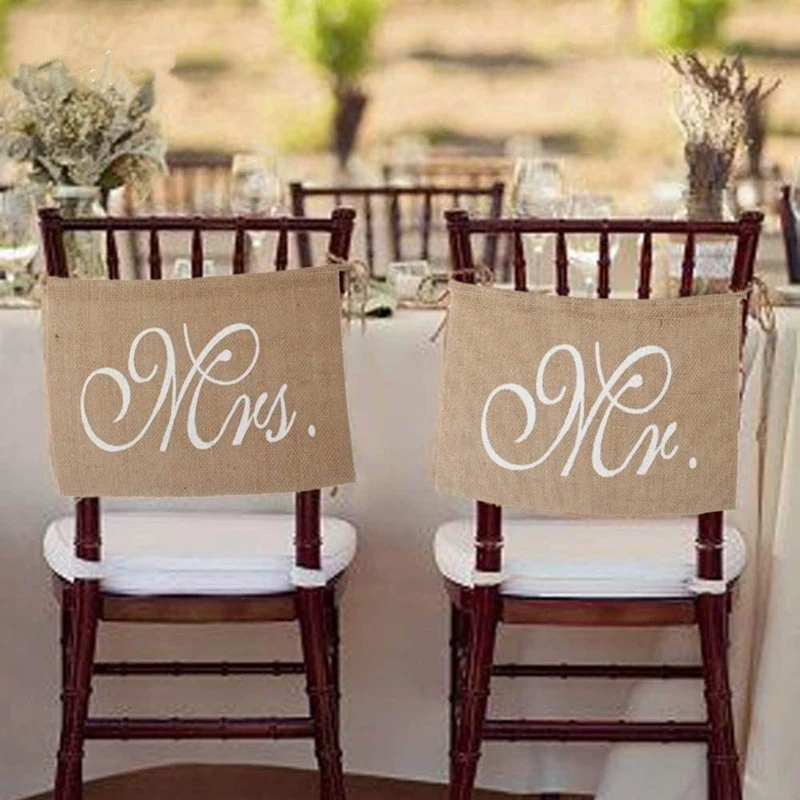 Mr & Mrs Burlap Chair Banner Set Chair Sign Garland Rustic Wedding Photo Background Backdrop Party Chair Decoration