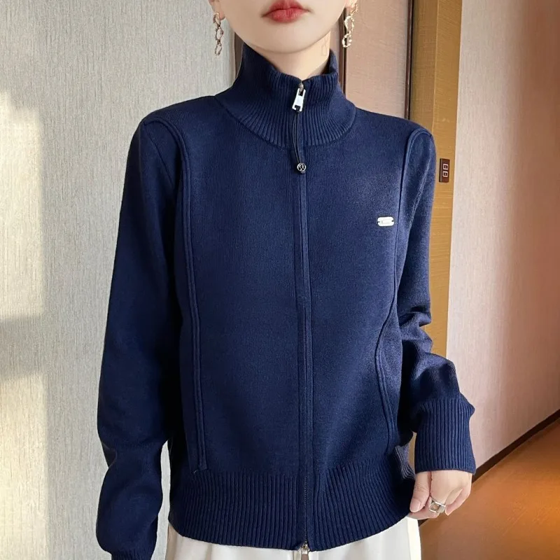 

Сплошной цвет, вязаный кардиган с двойной молнией, женское утепленное пальто, свитер, топ