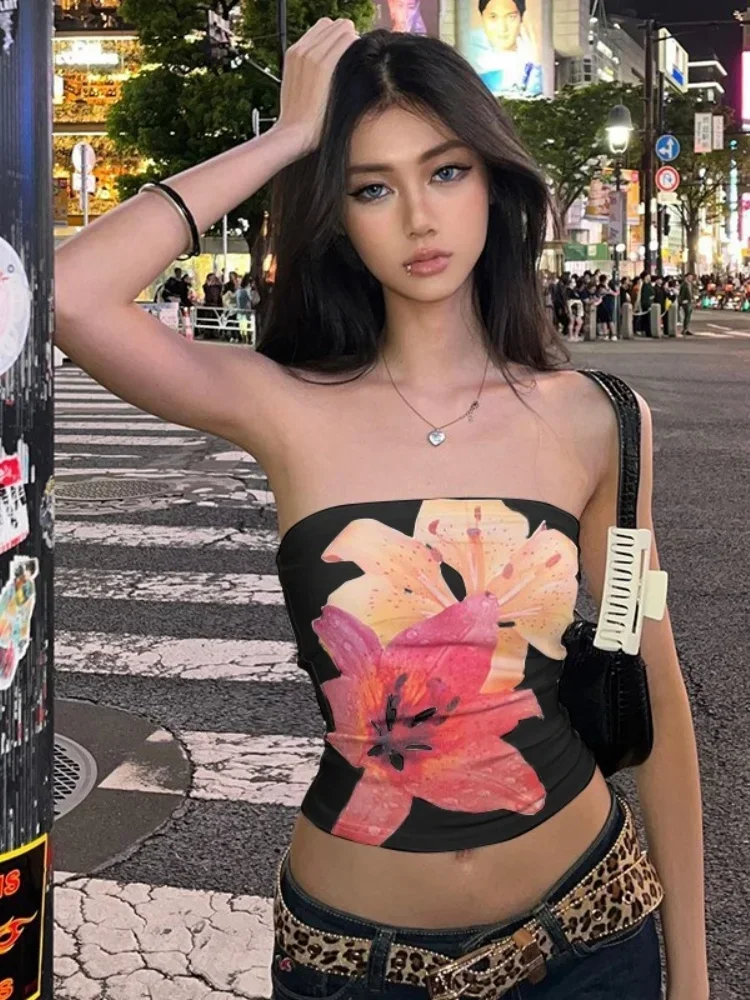 섹시한 꽃 프린트 Bustier 짧은 Strapless 탑 원피스 민소매 슬림 피트 패션 탑 여성용 캐주얼 Neckless Y2k Bra Top