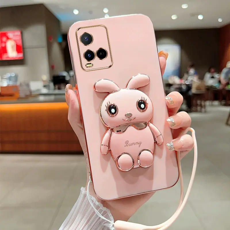 Phone Case For Vivo Y33S Y21 2021 Y21S Y32 4G Luxury Plating Square Rabbit Holder With Landyard Phone Case Cover