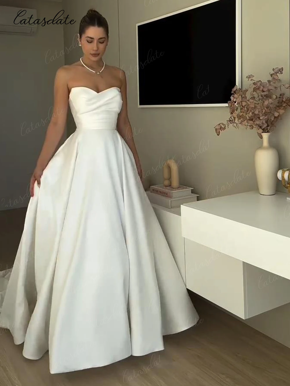 

Catasdate Formal Wedding Dress Elegant Satin Wedding Gown for Women Long Engagement Dresses vestidos de novia