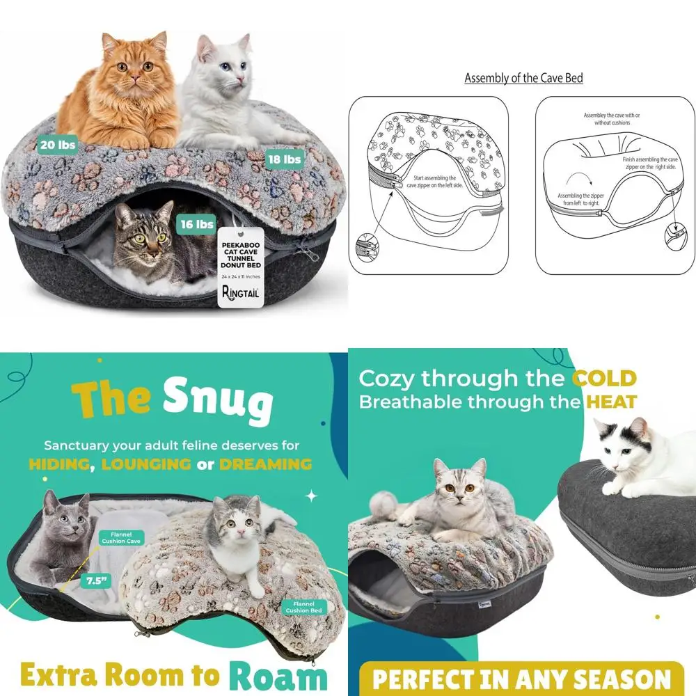 Cozy Donut Cat Bed with Removable & Washable Tunnel, Suitable for Multiple or Large Cats up to 45 lbs, 2 Soft Fleece Blankets (G