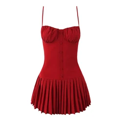 YENKYE Sexy Women Front Button Low Waist Pleated Hem Sling Mini Dress Party Robe Back Zipper Robe Red