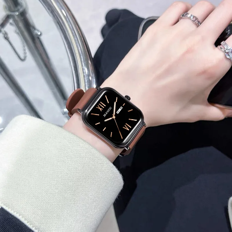 New Silicone Strap Korean Style Simple And Elegant Double Calendar Square Quartz Watch For Women, Women'S Accessories.