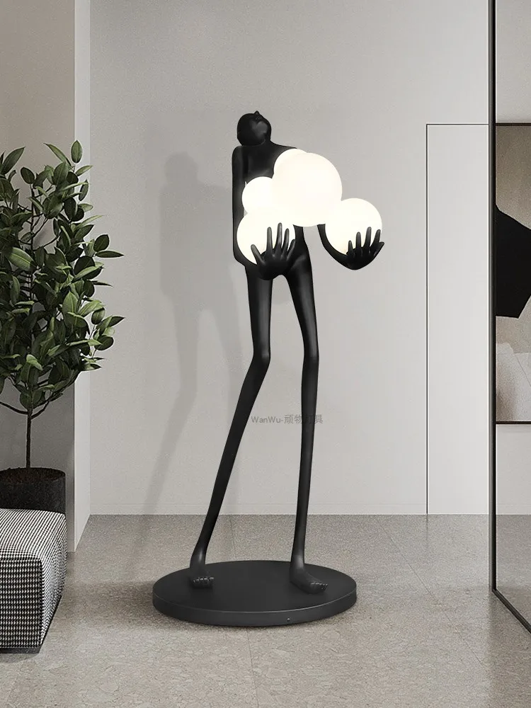 Nordic human figure sculpture floor lamp long arm holding ball creative design exhibition hall hotel decoration standing lamp