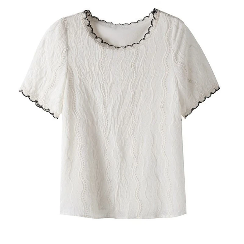 Moda O-Collo Spliced Ruffles Camicetta casual Abbigliamento femminile 2025 Estate Nuovo pullover coreano Top Camicia da pendolare