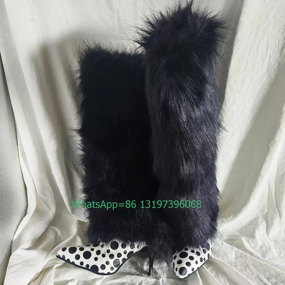 Lady Fur Pointed Toe Polka Dots Boots Mix Color Sexy Black White Knee Fur Boots Footwear Size 3546 New Arrive Winter Fur Boots