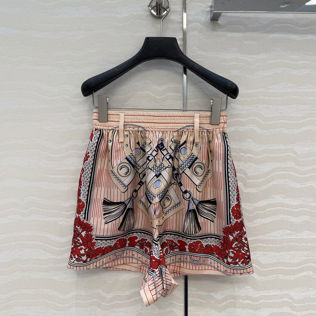 

Новинка 2026, весенние винтажные шорты из 100% саржевого шелка с этническим цветочным принтом и поясом, женские повседневные шорты с эластичной резинкой и высокой талией