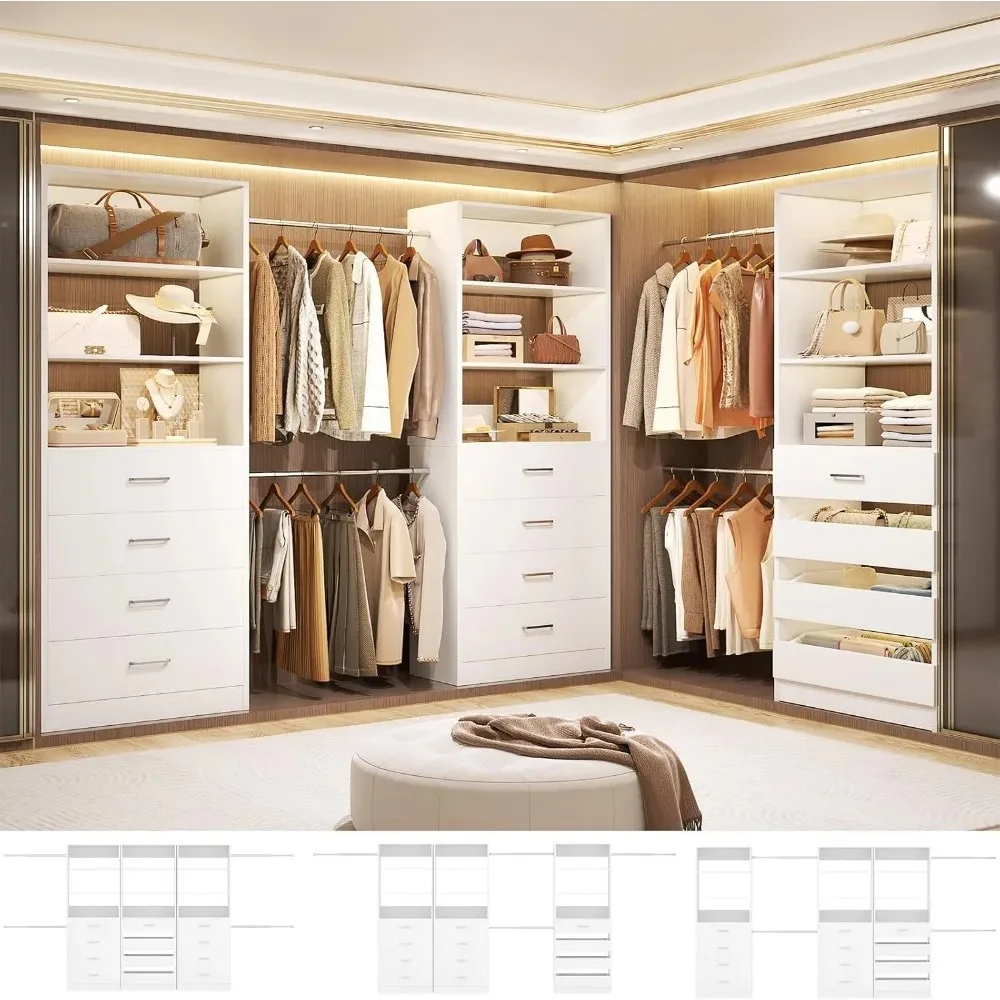 12 Drawer Closet System, 8.5-11.5Ft Wood Organizer with 4 Rods, 3 Towers, L-Shape, White