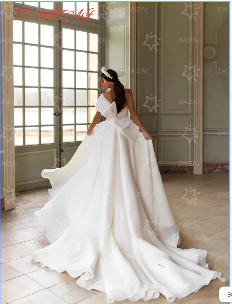 Customized Sleeveless One Shoulder Wedding Dress Split A-Line Bride Gow With Bow Long Train Bride Wedding Dress