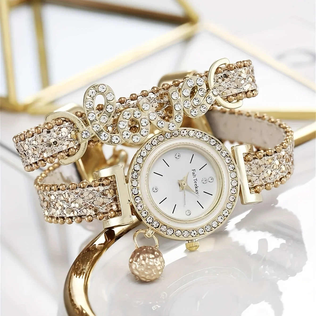 1pc LOVE Rhinestone Decor Quartz Bracelet Watch Luxury Analog Party Dress Bangle Watch & 4pcs Jewelry Set, Gift For Women/Her