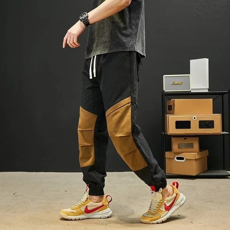 Men's Trendy Color Block Loose Fit American Style Retro Cargo Pants Spring Autumn New Arrival Casual Trousers