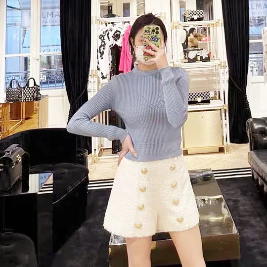 High-End Knitted Top with B@ Letter Embroidery Padded oulder Long Sve round Ne Women's Faion Spring Collection
