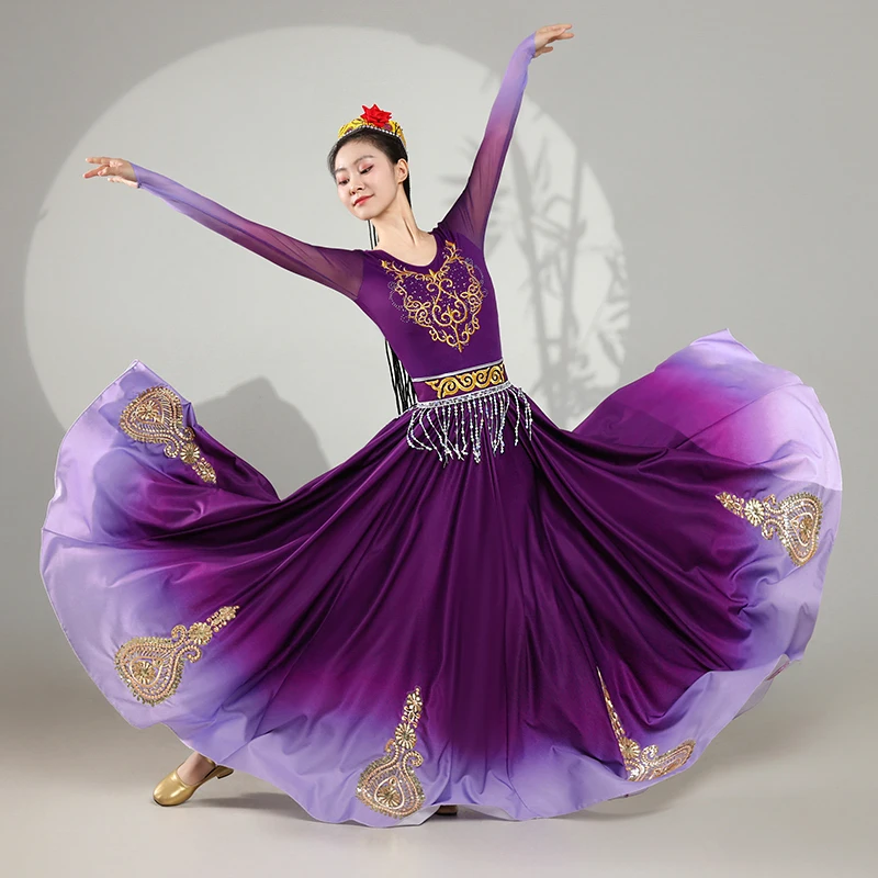 Costumes de spectacle de danse du Xinjiang pour femmes, robe folklorique ouïghoure de la minorité ethnique, jupe de scène de pratique nationale mongole et tibétaine