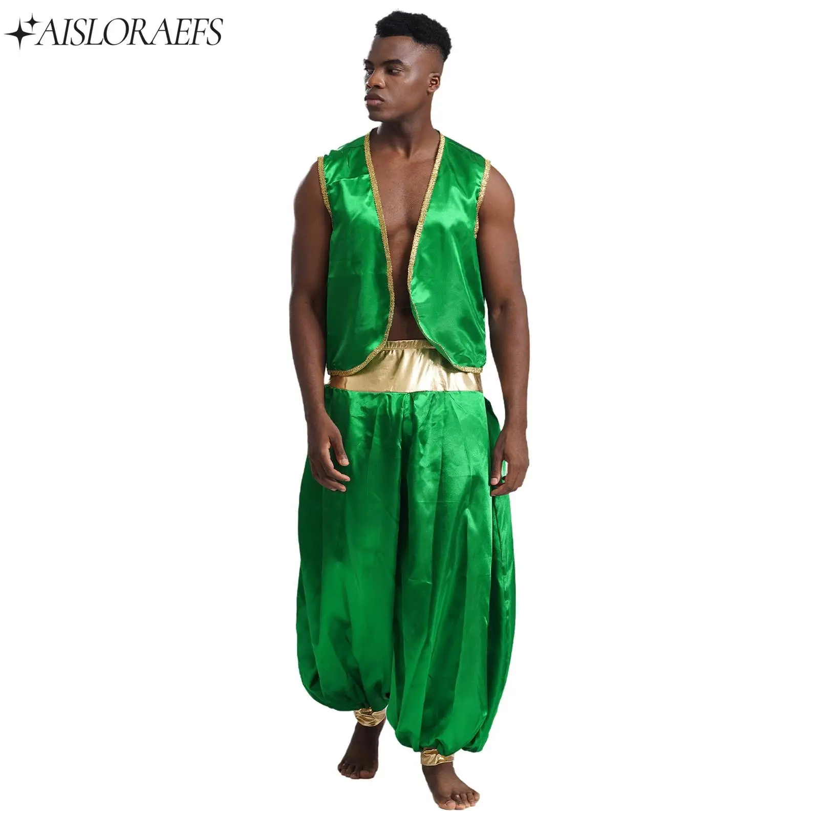 

Mens Indian Carnival Arabian Arab Prince Stain Vest Lantern Pants Suit for Halloween Performance Fairy Tales Shows Suit Clubwear