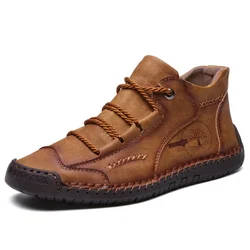 Retro Men's Boots Hand Stitching Leather Casual Shoes for Men Outdoor Non-Slip Ankle Boots Fashion Quality Men Motorcycle Boots