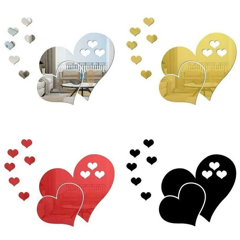 3D Acrylic Love Heart-Shaped Mirror Wall Stickers Removable Heart Art Decor Wall Poster DIY Living Room Wedding Home Decoration