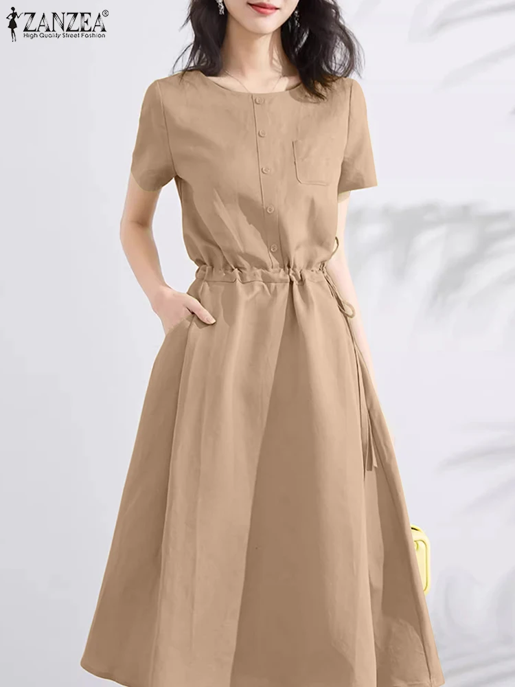 

ZANZEA 2024 Summer Women Midi Dresses O Neck Elegant Short Sleeve Casual Vestidos Solid Drawstring Waist Party A-line Dress