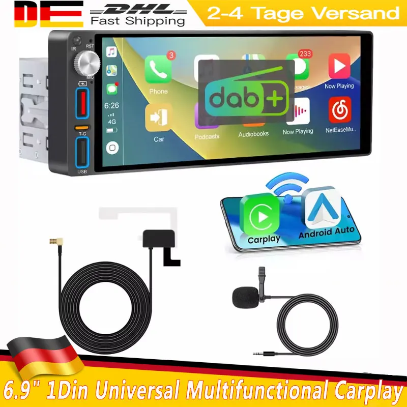 1Din العالمي متعدد الوظائف Carplay 6.86 "سيارة ستيريو شاشة تعمل باللمس اللاسلكية Carplay أندرويد السيارات FM AM BT5.0 RDS DAB Mikrofon #1