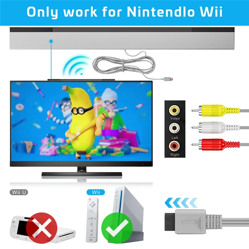 3 In 1 Wired Motion Sensor Bar + AC Power Supply Adapter Cord + Composite Audio Video Cable For Nintendo Wii