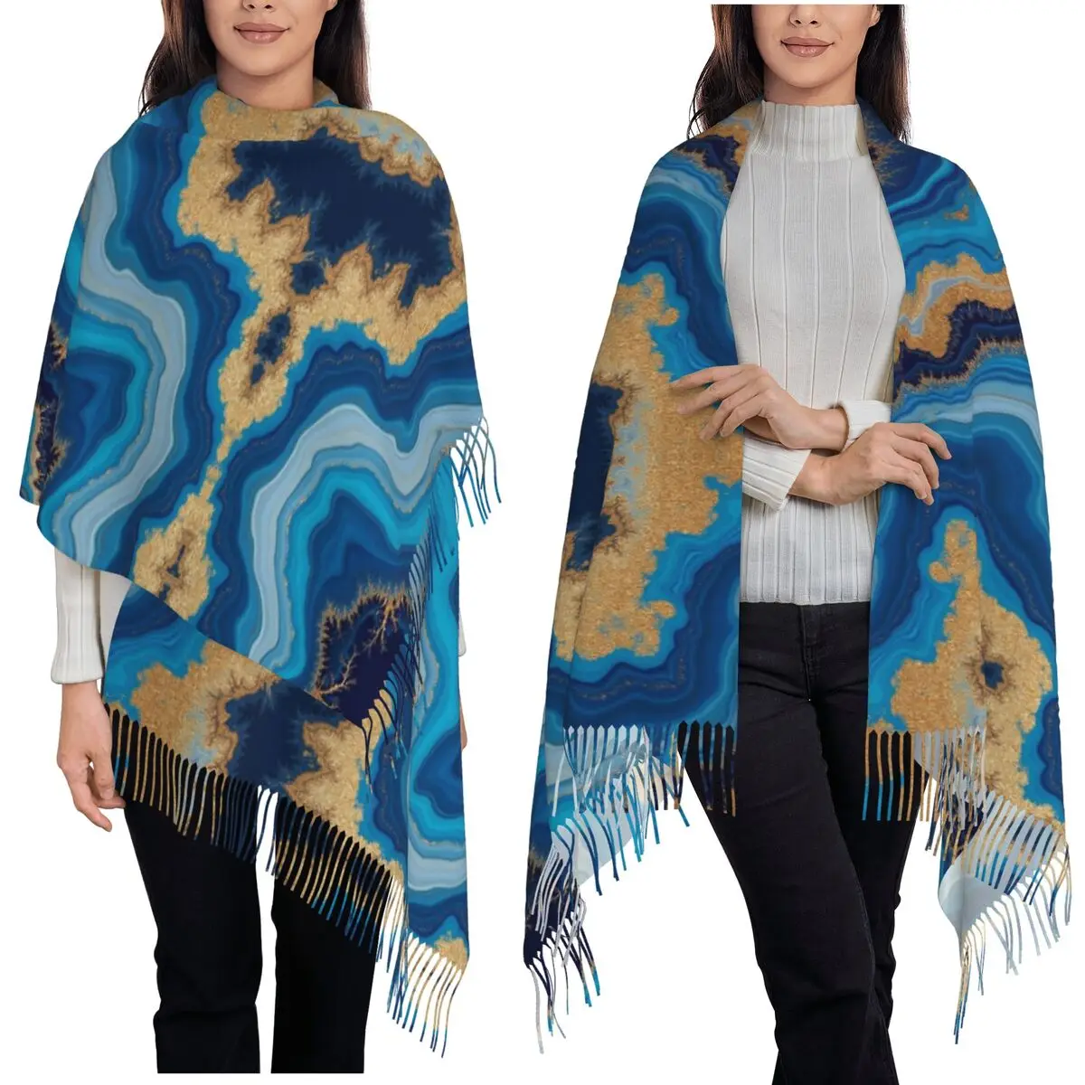 

Стильный бирюзовый синий и золотой шарф с мраморным агатом, шарфы с кисточками для женщин, теплые шали и накидки, большая осенне-зимняя шаль