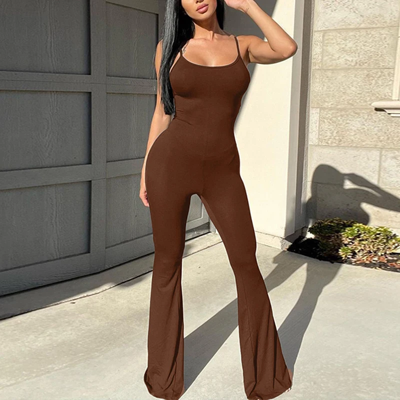 

Women Jumpsuits Women's Casual Jumpsuit Solid Color Spaghetti Strap Jumpsuit Sexy Backless Jumpsuit Flare Pants