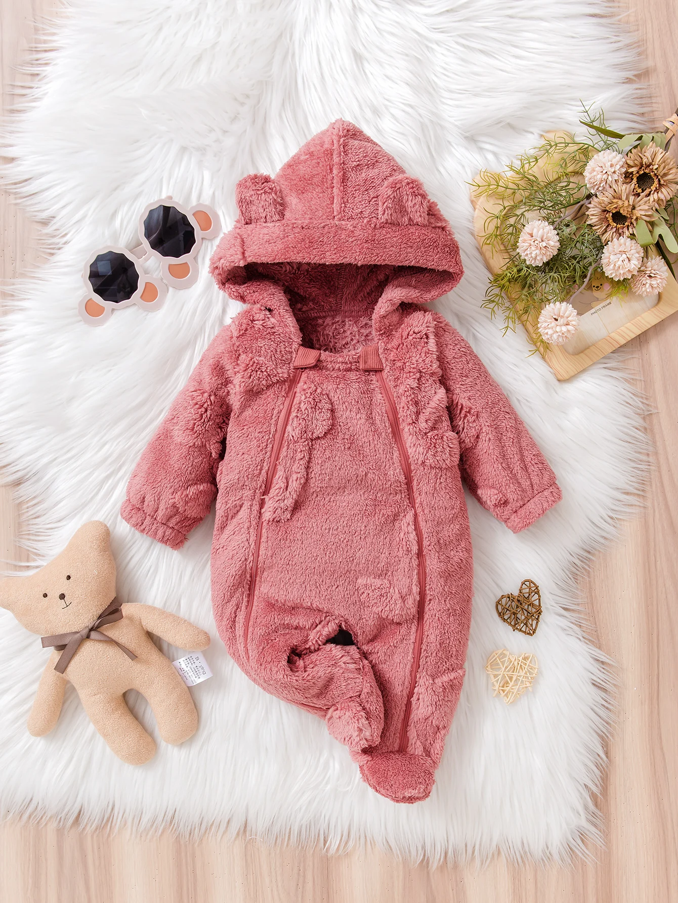 

Pink Bear Ear Plush Onesie Baby Girl Warm Crawling Suit Furry Texture Cute Design Infant Clothing New Favorite