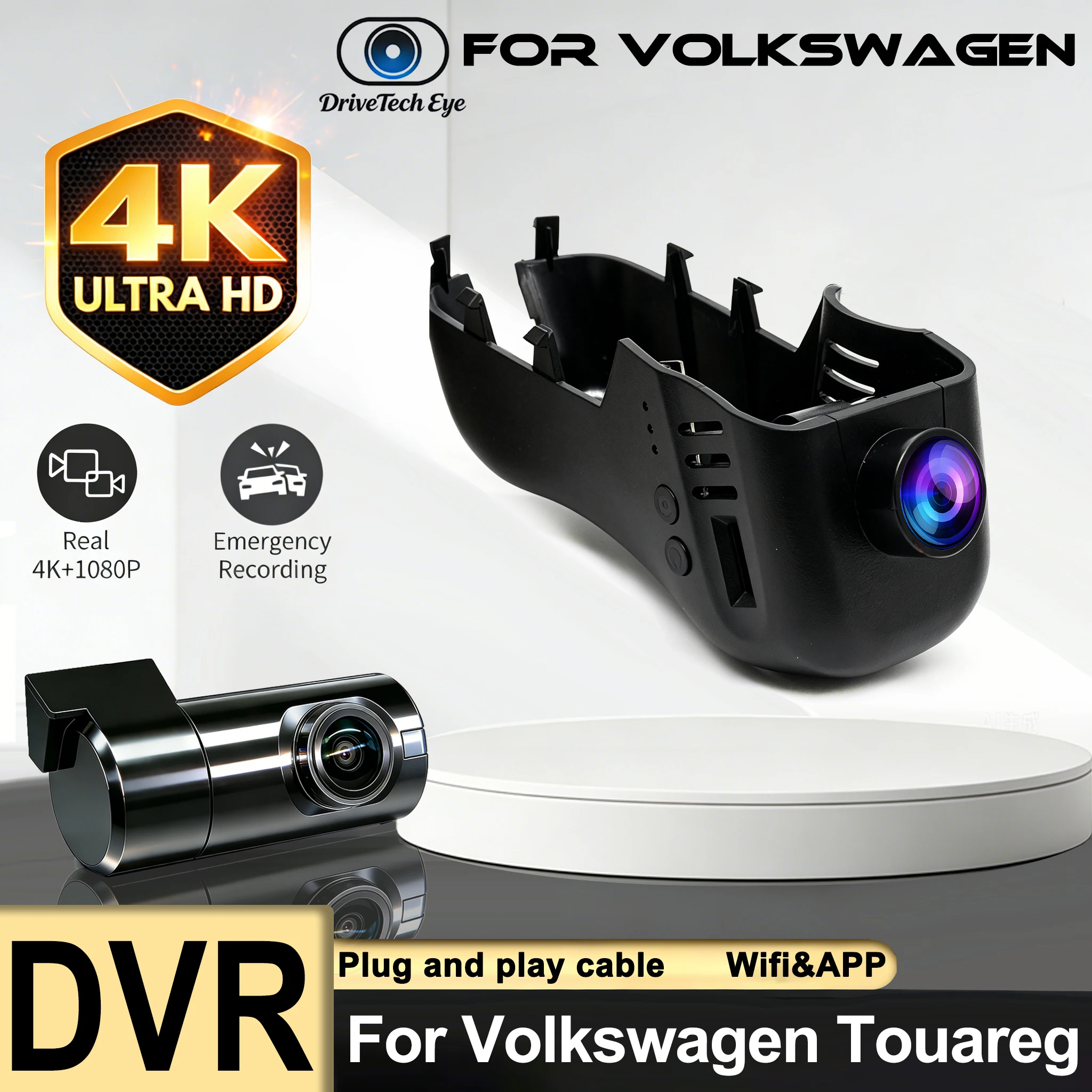 

4K Dash Cam for VW Volkswagen Touareg (2012-2018), Original Design Ultra HD DVR, Built-in WiFi DashCam for car Camera
