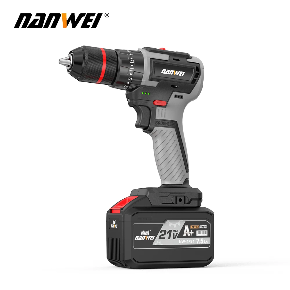 NANWEI Tool Set 4-Piece Cordless Brushless Drill Electric Screwdriver/Hammer Drill/Electric Wrench/Angle Grinder