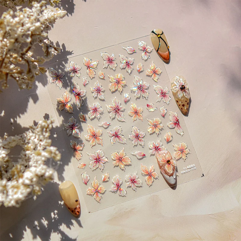 Adesivo Oro Stamping Adesivo morbido Adesivo in rilievo Chic Decalcomanie per manicure Moda Fiore di ciliegio Fiore Sakura Primavera 5D Nail Art