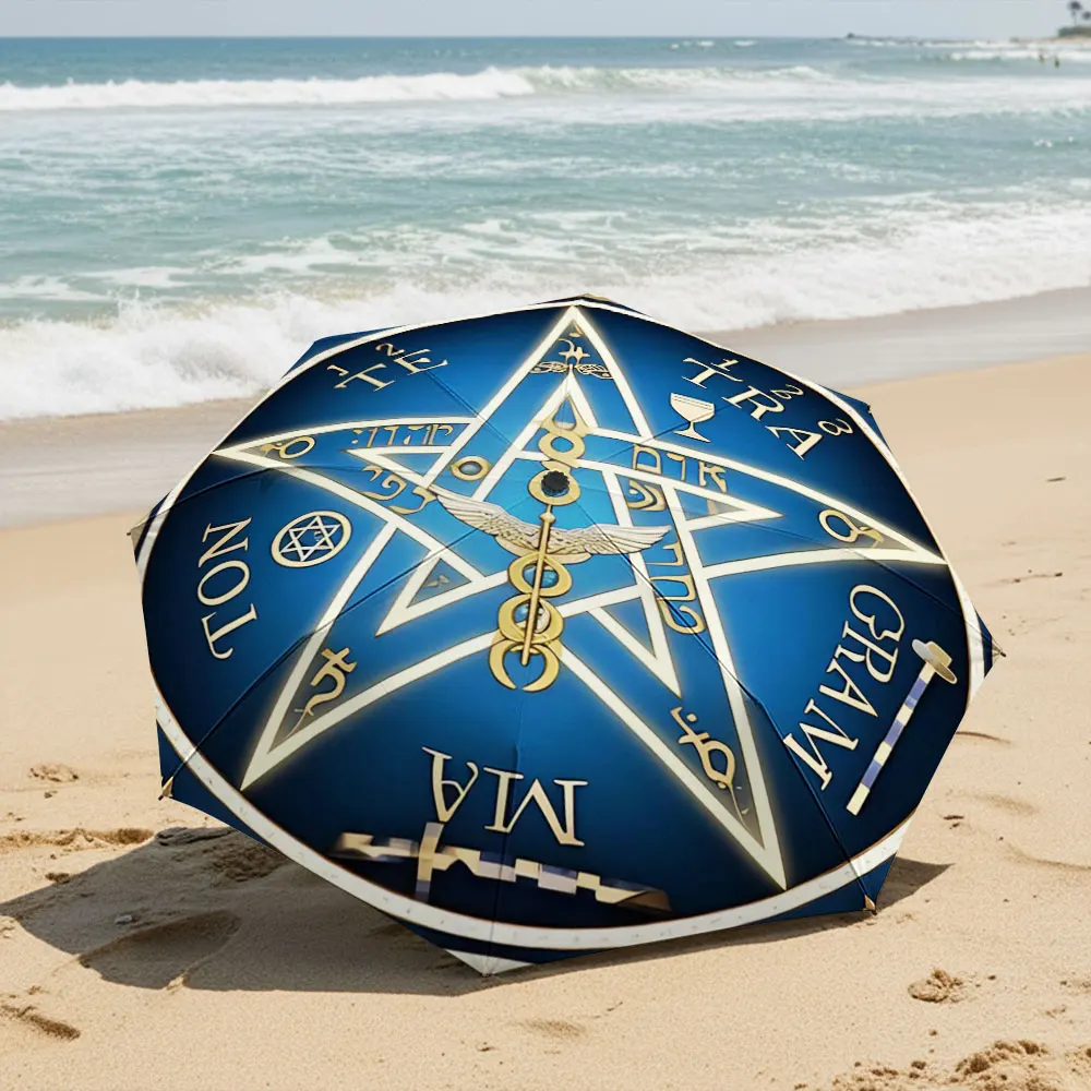Mystical Blue Pentagram with Golden Symbols Umbrella Compact Fashion Folding Umbrella for Daily Use, Christmas Gift
