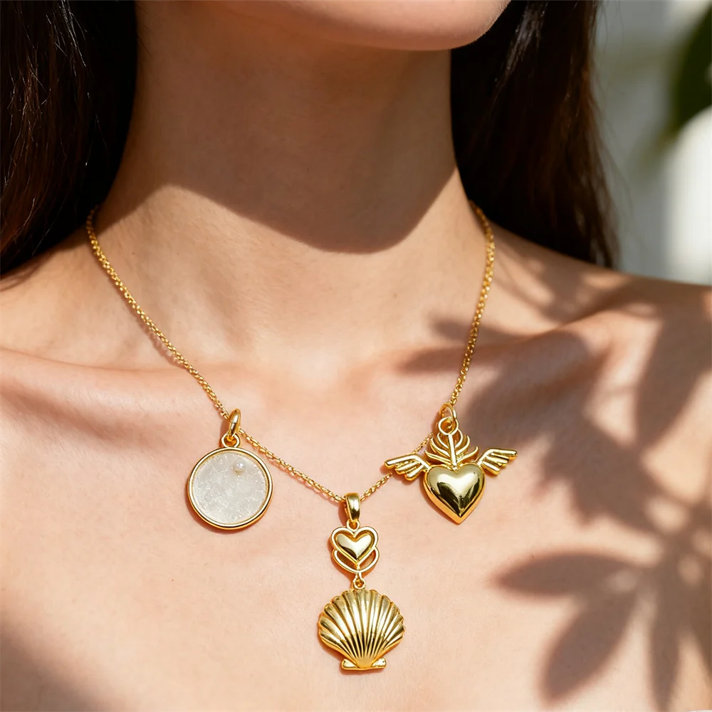 

2Pcs Pendants Brass Enamel Retro Heart Ocean Shell Geometric Charms DIY Jewelry Necklace Bracelet Making Women Daily Accessories