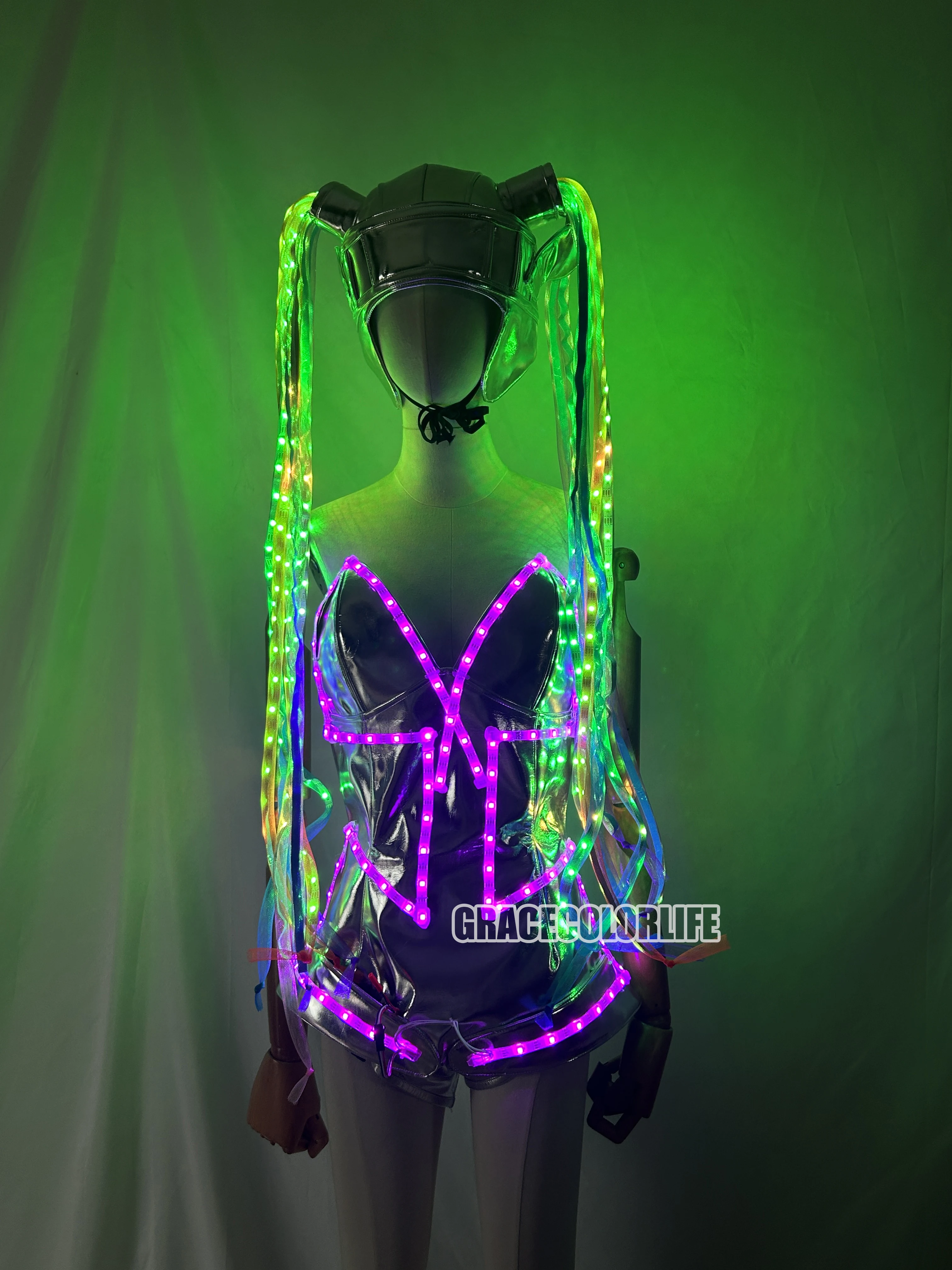 كامل اللون LED بذلة المرأة زي الخيال مضيئة الضفائر الطويلة حفلة تنكرية المرحلة DS أداء الملابس بار DJ ازياء