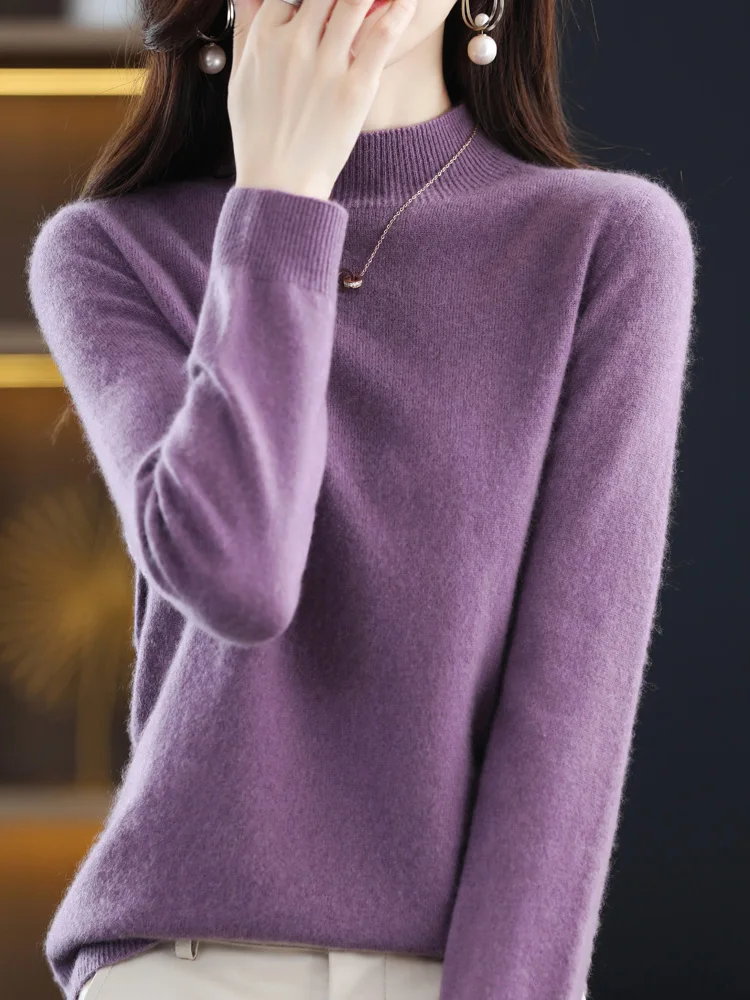 Fashion Long Sleeve Mock Neck Basic Autumn Winter  Women 100% Merino Wool  Sweater Knitted Pullover Slim Clothing Soft Warm Tops