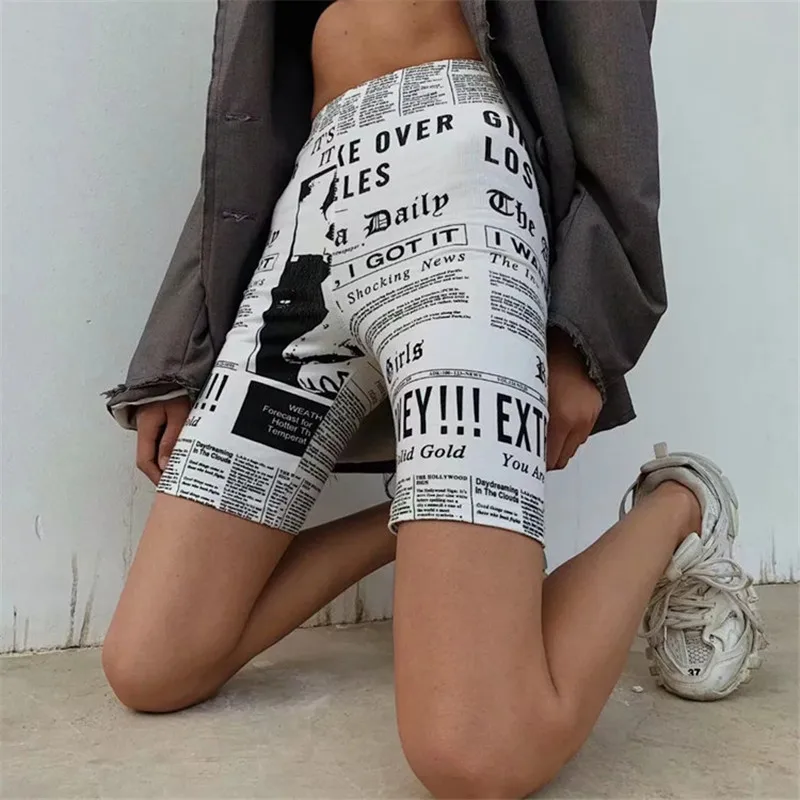 High Waist Workout Shorts Newspaper Printing Seamless Fitness Yoga Shorts Running Shorts Women Gym Hip Push Up Sport Leggings