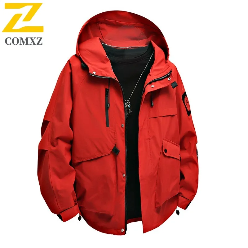COMXZ الرجال سترة خارجية 2025 عادية مقنعين التخييم ارتداء سترات مقاومة بلون التخييم يندبروف الخريف سترة واقية #2