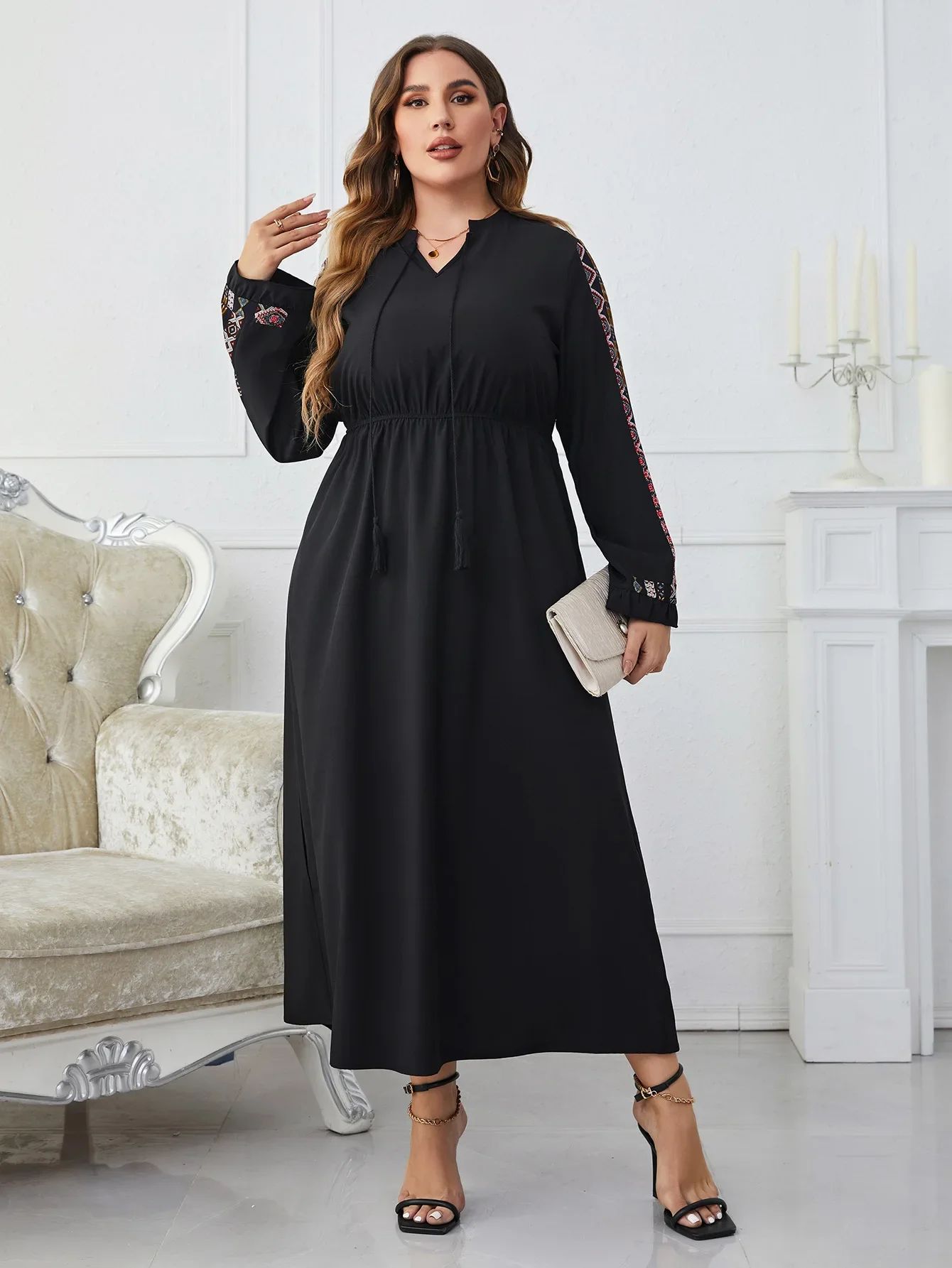 Plus Size V Cut Out Lace-up Neck Women Dresses Solid Long Sleeves Robe Dress Elastic Waist Autumn Female Elegant Clothing Gown